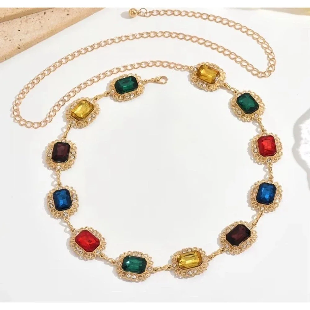 Vintage Inspired Multicolor Gemstone Waist Chain Belt Rhinestone Adjustable